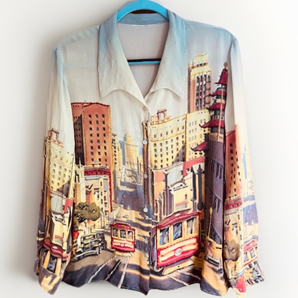 Vintage Printed San Fransisco Trolley Car Silk Gray Ivory Beaded Blouse Shirt L - Picture 1 of 15